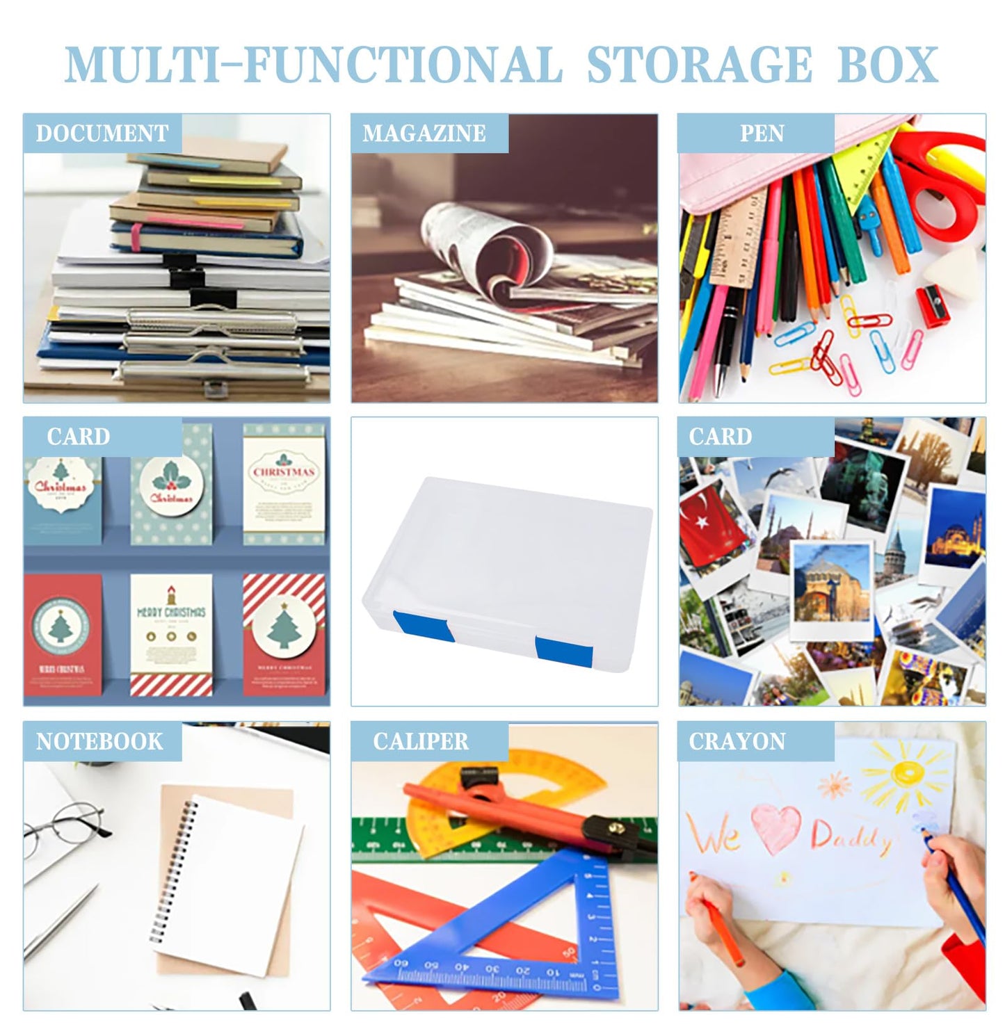 12 Pcs Clear A4 A5 File Box Document Plastic Storage Box with 48 Labels File Holder Organizer Paper Plastic Case Magazine Protector with Buckle Office School Supplies(Blue)