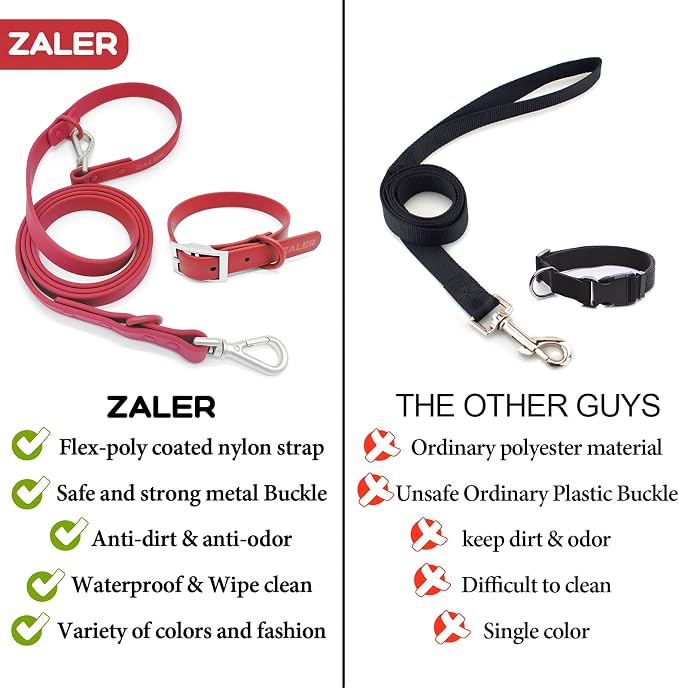 ZALER Dog Collar and Leash Set, Waterproof Adjustable Odor Proof Pet Collars Leashes Easy to Clean, 6FT Dog Leash with 2 Hooks for Large, Medium Small Dogs (XS, Red)