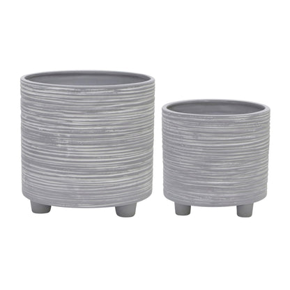 Set of 2 Footed Planters with Ridged Lines Accent – Ceramic Stoneware Outdoor & Indoor Plant Pot – Modern Garden & Home Decor Ceramic Planters – Stylish Pot for Plants – 6" & 8", Gray