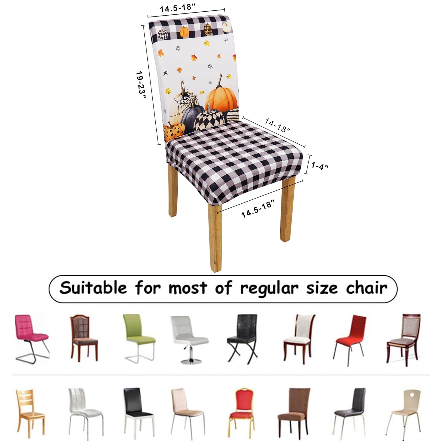 Wscdovf Halloween Chair Covers Set of 6, Fall Pumpkin Black/White Buffalo Plaid Chairs Slipcover for Dining Room, Removable Washable Breathable Cover in The Kitchen Restaurant Holiday Decor