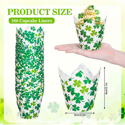 FYSUIMU 200Pcs St. Patrick's Day Tulip Cupcake Liners Green Shamrock Muffin Baking Cups Clover Cupcake Wrappers for Spring Irish Holiday Party Supplies
