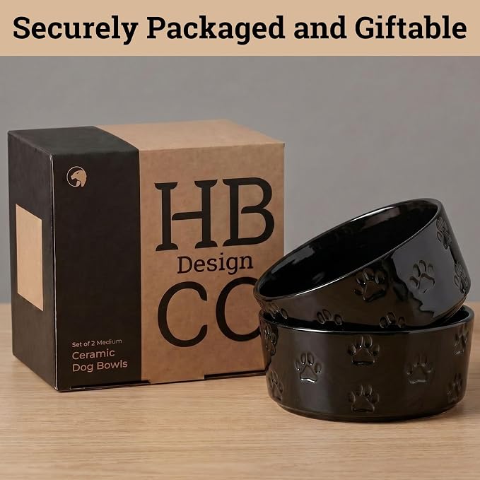 Ceramic Dog Bowl Set of 2 with Anti-Skid Base - 6.5" Wide x 2.5" Tall Ceramic Dog Bowls Medium Sized Dogs - 3.8 Cup Capacity Food and Water Bowls for Dogs - Rubber Bottom Pet Bowl Set of 2 Medium Size