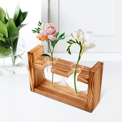 Housoutil Heart-Shaped Glass Planter Vase with Wooden Stand for Hydroponic Plants, Tabletop Terrarium Decor for Indoor Garden and Home Ornament, 2pcs Set