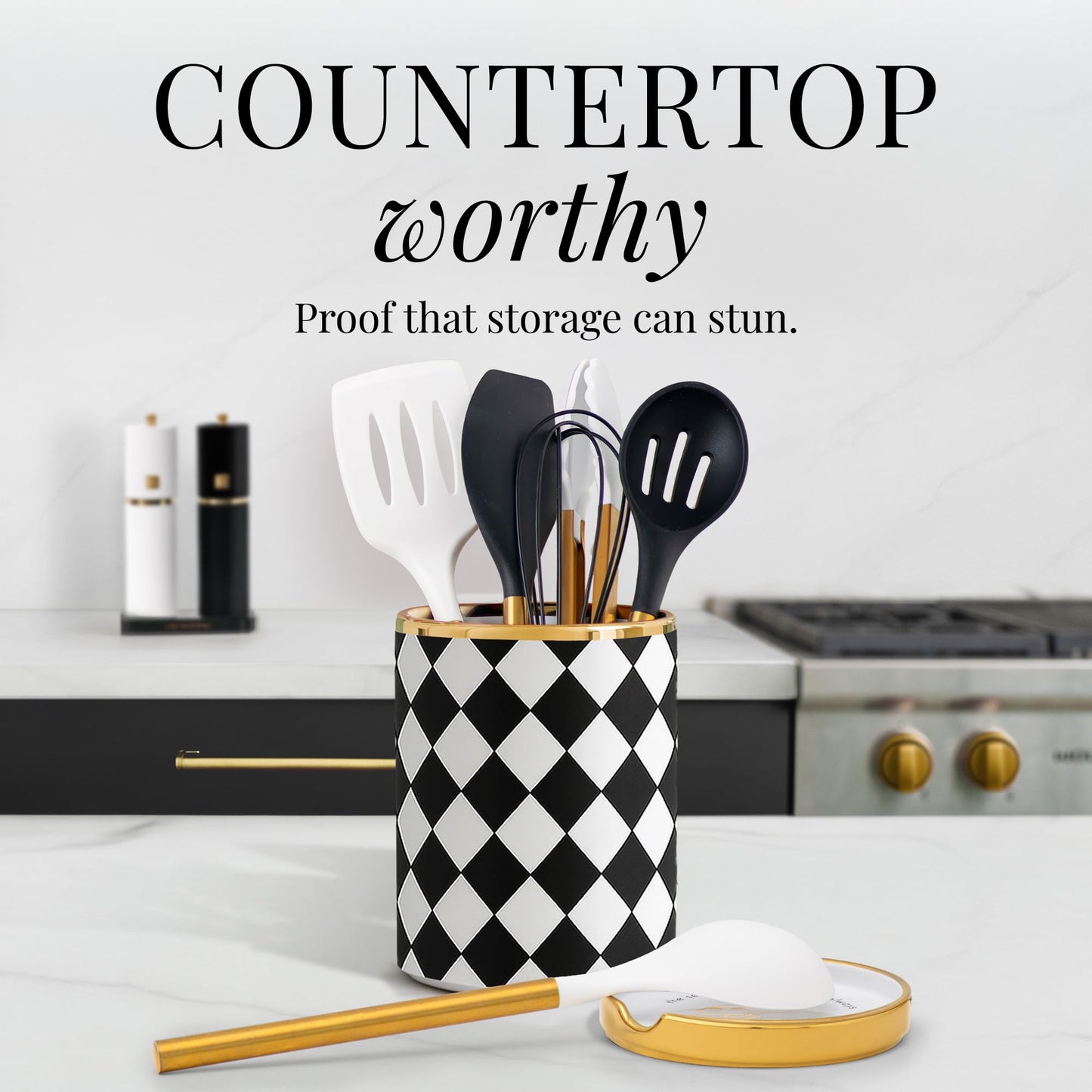 STYLED SETTINGS Black & White Checkered Utensil Holder Set – Large Ceramic Kitchen Utensil Holder for Countertop with Gold Spoon Rest – Stylish Checkered Kitchen Decor & Organizer