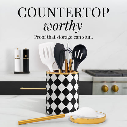 STYLED SETTINGS Black & White Checkered Utensil Holder Set – Large Ceramic Kitchen Utensil Holder for Countertop with Gold Spoon Rest – Stylish Checkered Kitchen Decor & Organizer