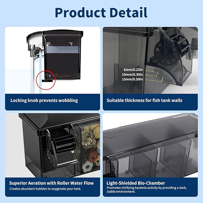 Hang-on-Back Aquarium Filter Box with Reusable Filter Media, Waterfall Oxygenation, Fits High & Low Water Level, for 5-10 Gallon Fish & Turtle Tank (Pump Not Included)