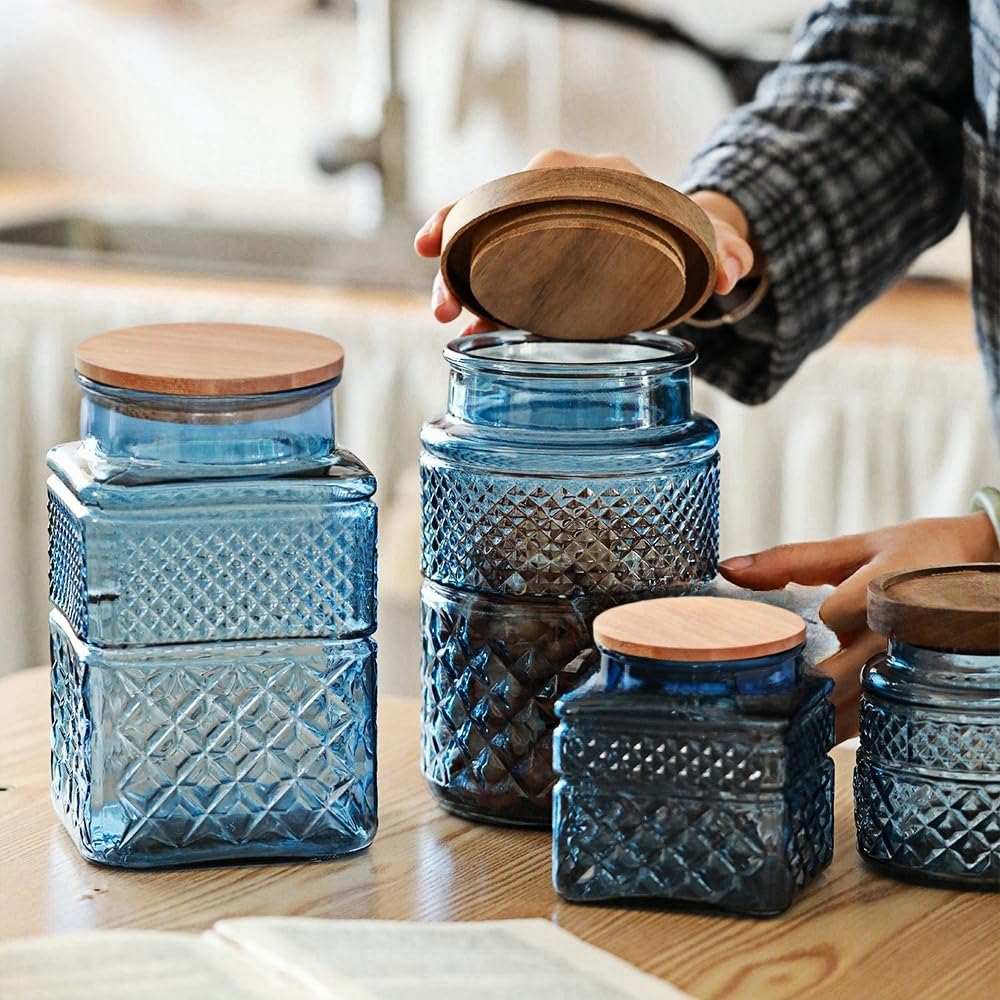 ANSQU Square Glass Canister, 61oz Candy Jar with Lid, Glass Food Storage Containers for Ground Coffee, Tea, Sugar, Decorative Mason Jar Cookie Jars (Blue)
