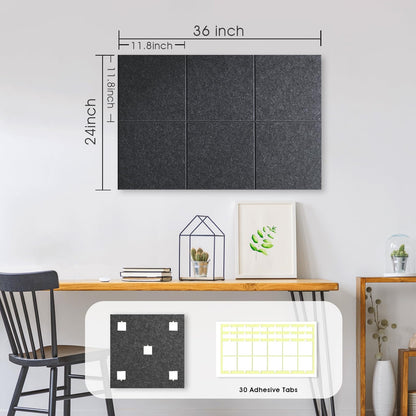 Large Cork Board for Office Wall Decor, 36"x24"- 6 Pack Felt Wall Tiles with Safe Removable Adhesive Tabs, 1/2" Thick, Felt Bulletin Board Pin Board Cork Boards for Walls - Dark Grey