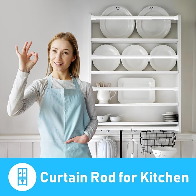 MEXAU 2 Pack White Tension Rod 16 To 26 Inch Spring Tension Rod Adjustable Spring Curtain Rods No Drilling Short Curtain Rod Extendable Small Spring Tension Rod for Closet Cupboard Bars Refrigerator
