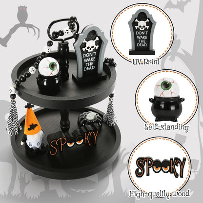Halloween Decorations 6PCS Tiered Tray Decor, Cute Tabletop Halloween Decor for Home Office Tray Shelf Mantel Table Centerpieces Farmhouse Rustic Spooky Wood Signs