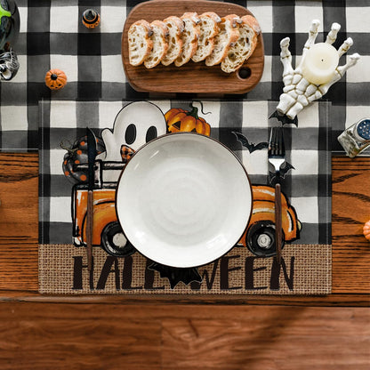Artoid Mode Buffalo Plaid Bat Ghost Truck Spooky Halloween Placemats Set of 4, 12x18 Inch Seasonal Table Mats for Party Kitchen Dining Decoration