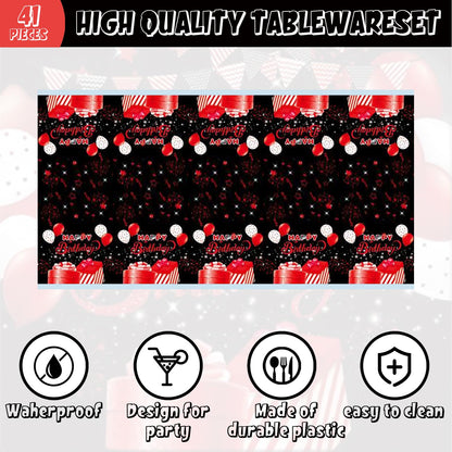 41pcs Black and red Party Supplies ,include 20 Plates, 20 Napkin and 1pcs Tablecloth,Used for Black and red Birthday Party Decoration (AAA)