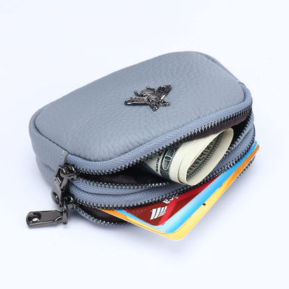 Yocipa Genuine Leather Coin Purse for Women Small Double Zipper Wallet Mini Change Pouch with Bee Charm for Cash Cards Keys Cute Compact Organizer (Light Blue)