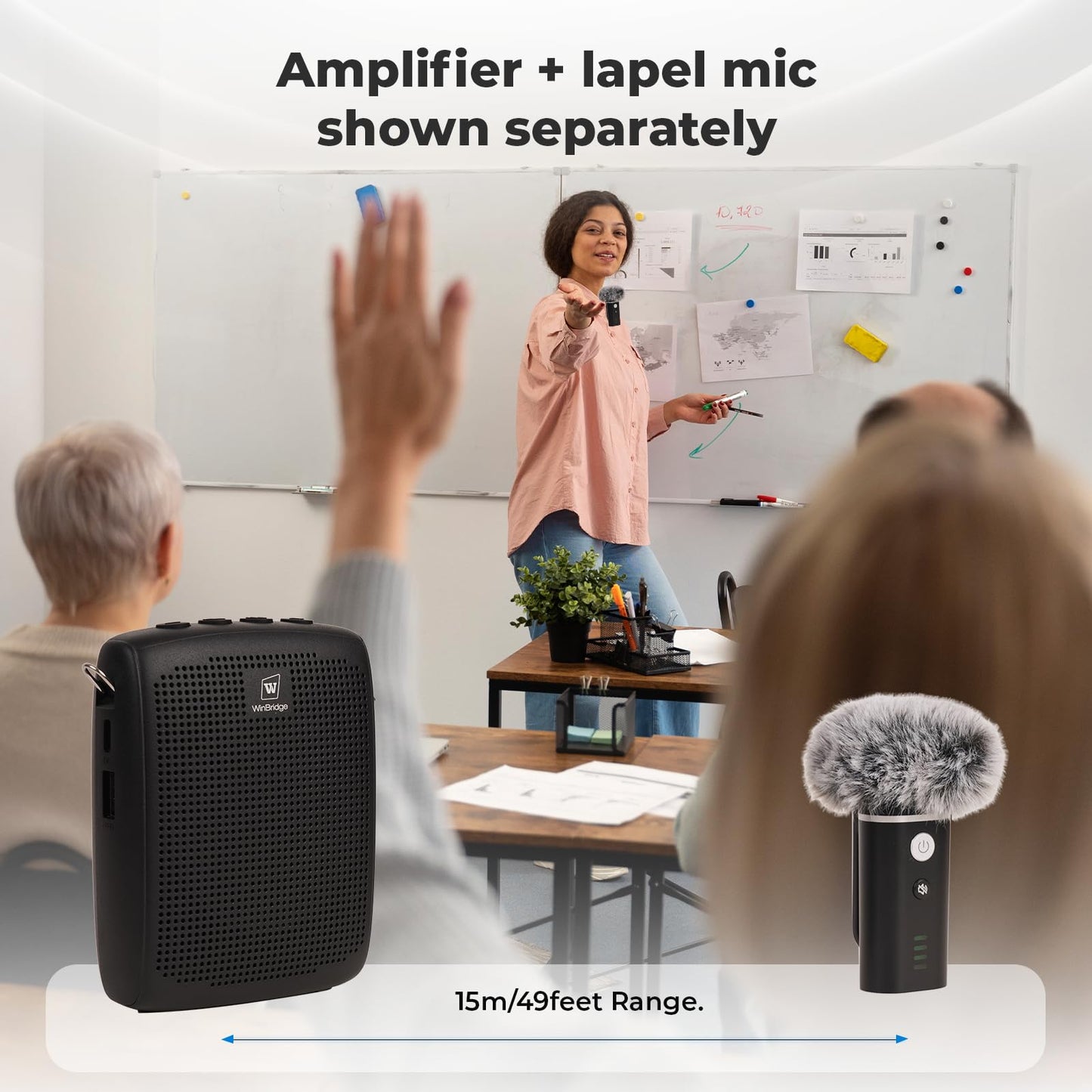 WinBridge Wireless Voice Amplifier with Bluetooth Lapel Microphone for Teaching, Classroom Lecturing, ABS 49ft, 12-15H Portable Personal Mini Amp Lavalier Mic Speaker for Teachers - WB006