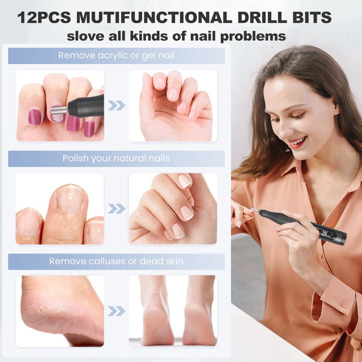 Cordless Nail Drill, 35000RPM Professional Efile Nail Drill Machine, LCD Display Rechargeable Portable Electril Nail Drill with 12pcs Bits and 6pcs Sanding Bands for Acrylic Nails Gel Polish Remover