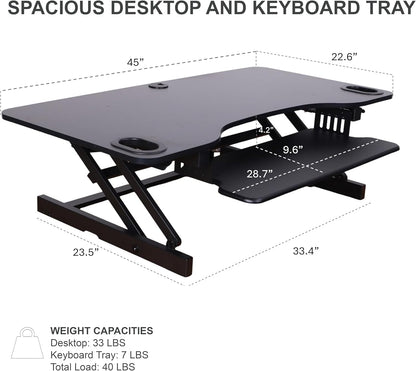 Rocelco 45" Height Adjustable Standing Desk Converter - Slide Out Retractable Keyboard Tray - Sit Stand Up Triple Monitor Riser - Dual Piston Lift Tabletop Computer Workstation - Black (R ADRB-45)