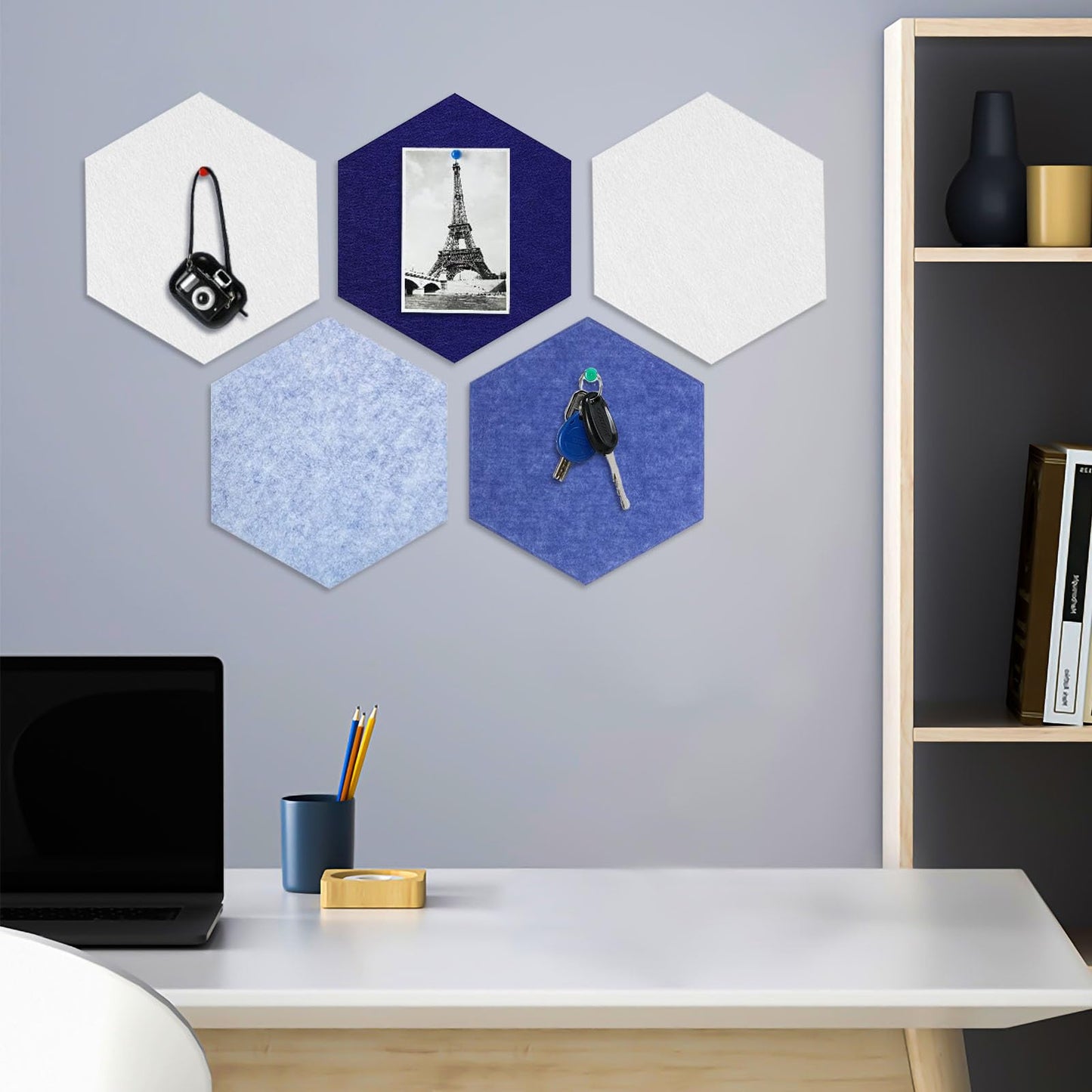 8 Packs Blue White Hexagon Felt Pin Board, 12" Bulletin Board with 30 Push Pins, Felt Board for Home Kitchen Office Decor, Self-Adhesive Corkboard Tiles for Walls School Message Photos Memos