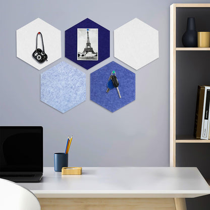8 Packs Blue White Hexagon Felt Pin Board, 12" Bulletin Board with 30 Push Pins, Felt Board for Home Kitchen Office Decor, Self-Adhesive Corkboard Tiles for Walls School Message Photos Memos