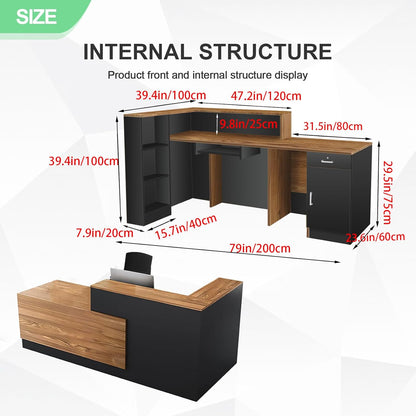 Modern Reception Desk with Counter and Drawer Office Front Desk with Cabinet Wooden Commercial Reception Table Checkout Counter for Retail Salon Lobby Black and Wood Right 79inch/200cm