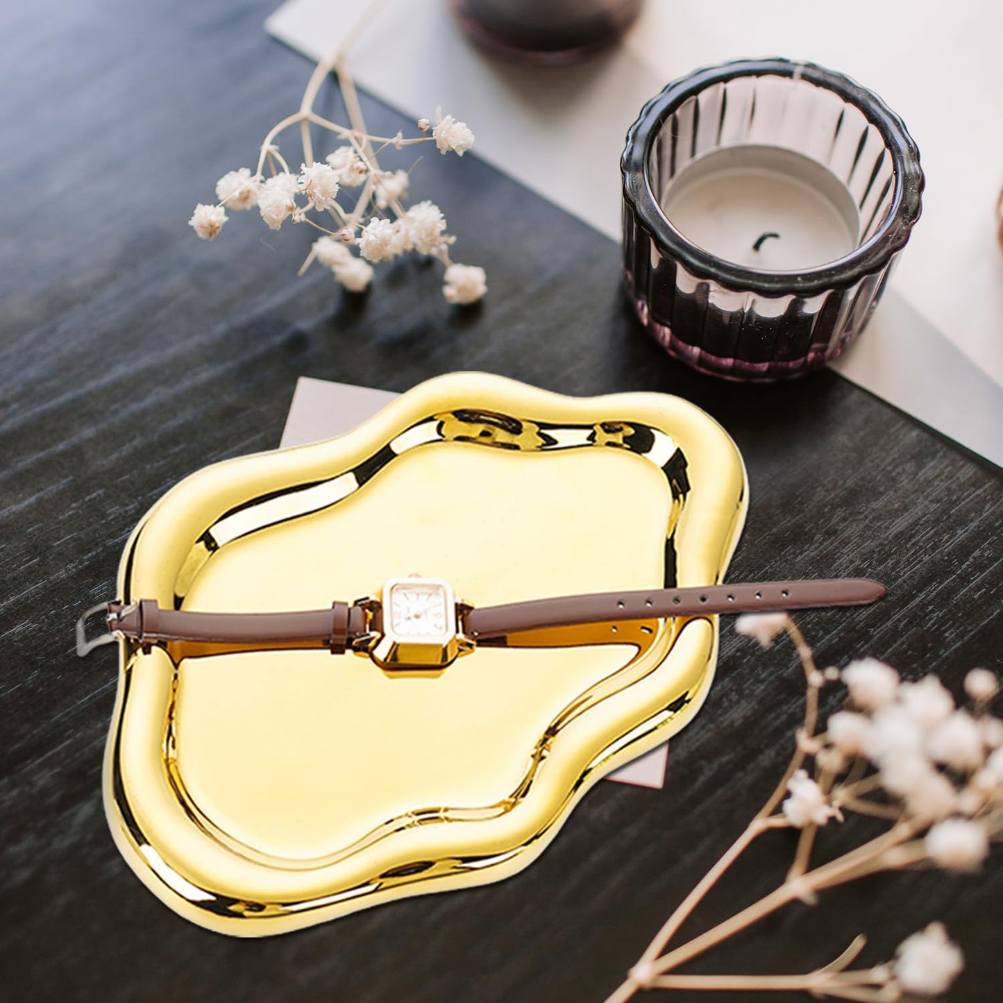 Ceramic Jewelry Dish for Women, Jewelry Tray Trinket Dish, Irregular Cloud Shape Ceramic Plate, Watch Keys Tray Ring Dish Holder for Mother's Day/Christmas/Thanksgiving/Birthday Gift(Gold)