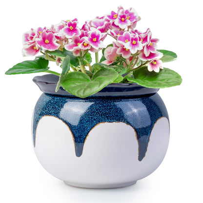 LITUDISO African Violet Pots, 6 Inch Self Watering Pots for Indoor Plants, Easy Plant Self Watering Planter, Ceramic Plant Pot with Absorbent Inner Pot for Flowers - Gradient Blue (No Plants)