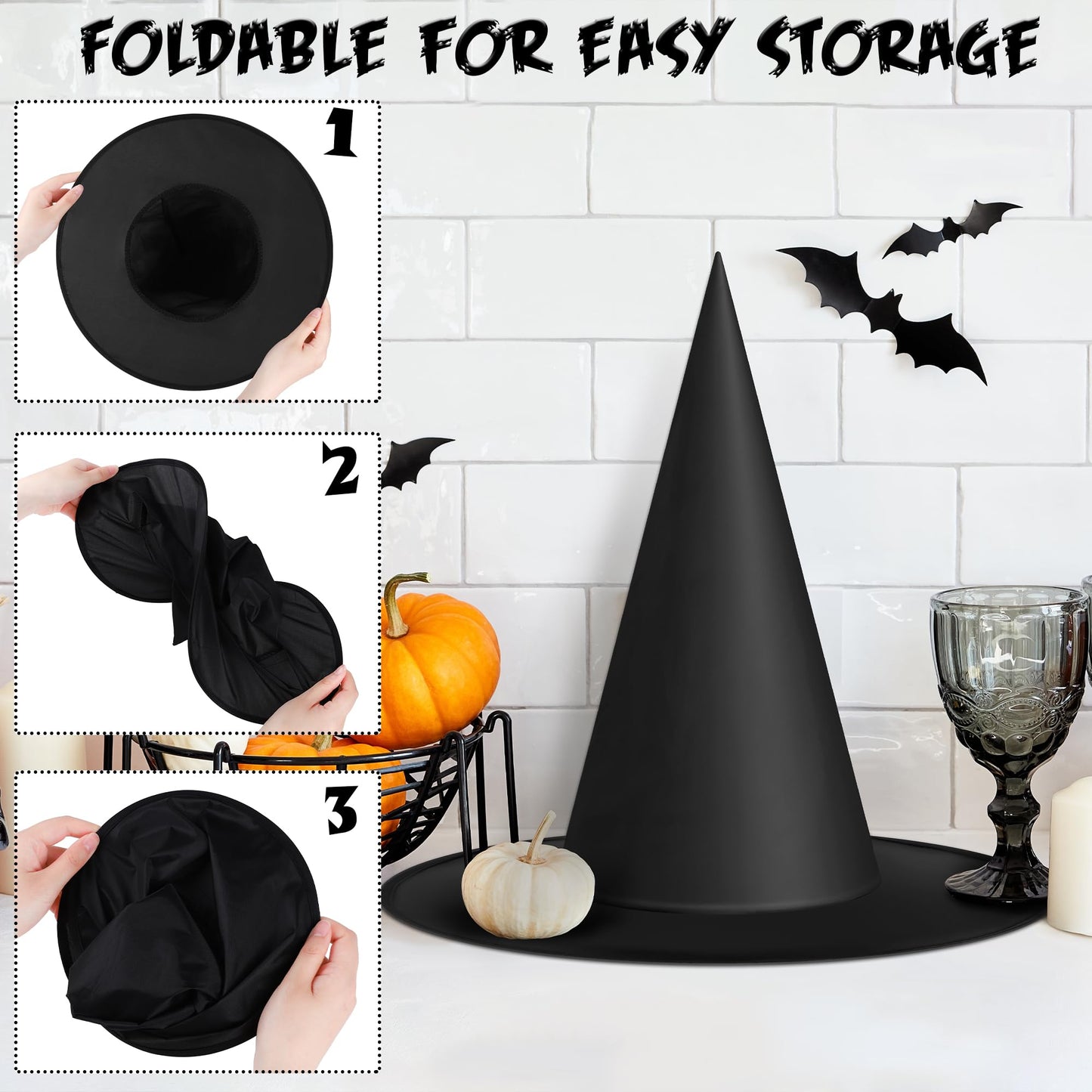 Shojoy 14 Pieces Halloween Black Witch Hats with 32 Pieces 3D Bats Sticker Wall Decor and 328 Feet Hanging Rope Witch Hat Decoration Cosplay Costume Accessory Caps Halloween Fancy Caps Yard Decor