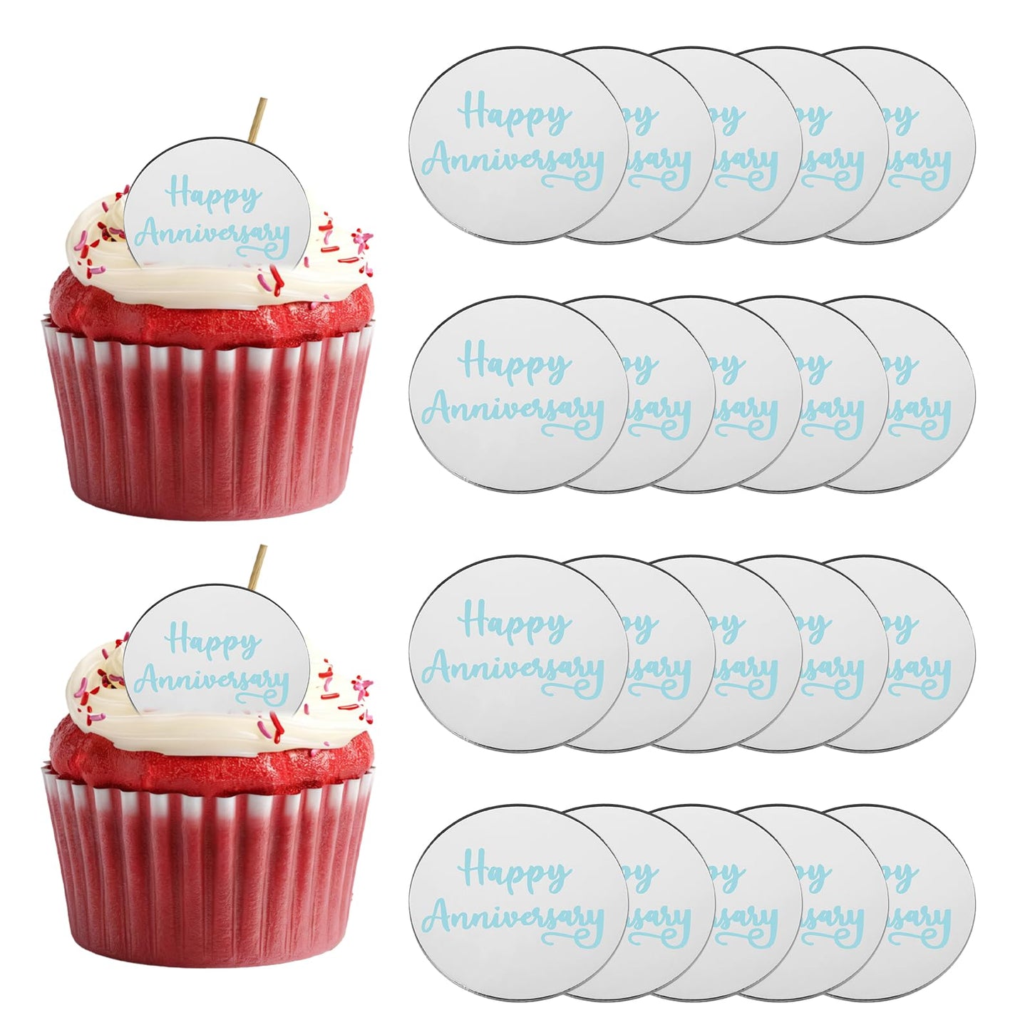 uxcell 20Pcs Acrylic Mirror Cake Toppers, Happy Anniversary Cupcake Toppers Round Shapes Laser Picks Dessert Decorations for Celebrating Party Wedding Shower, 059-Silver