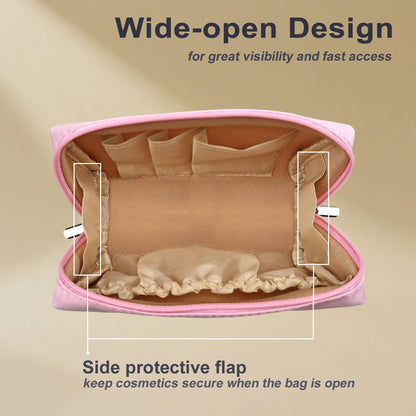 VOFOON Travel Makeup Bag, Small Cosmetic Bag for Women, Wide-open Make up Organizer Purse Toiletry Bag for Cosmetics Toiletries Accessories (Pink, S)