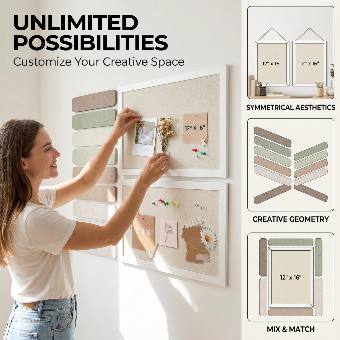 OKSON Bulletin Board Set, 2-Pack 12"x16" Framed Linen Cork Boards for Walls & 8-Pack Felt Strips, Decorative Pin Board & Vision Board for Home Office Decor, Includes Push Pins & Hardware