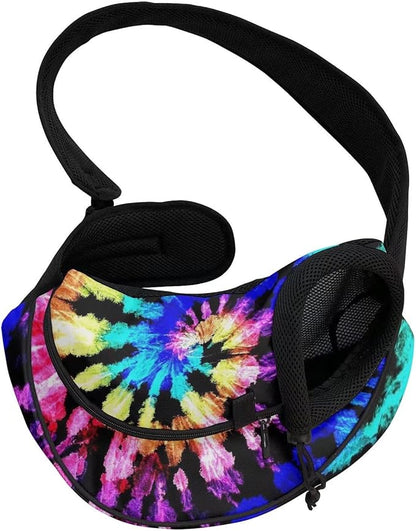FUSURIRE Tie Dye Pet Carrier Front Bag with Zipper Open and Adjustable Shoulder Strap, Vintage Style Small Dogs Cat Travel Pet Carrier Sling Breathable Mesh Hand Free Design Pet Pack Bag