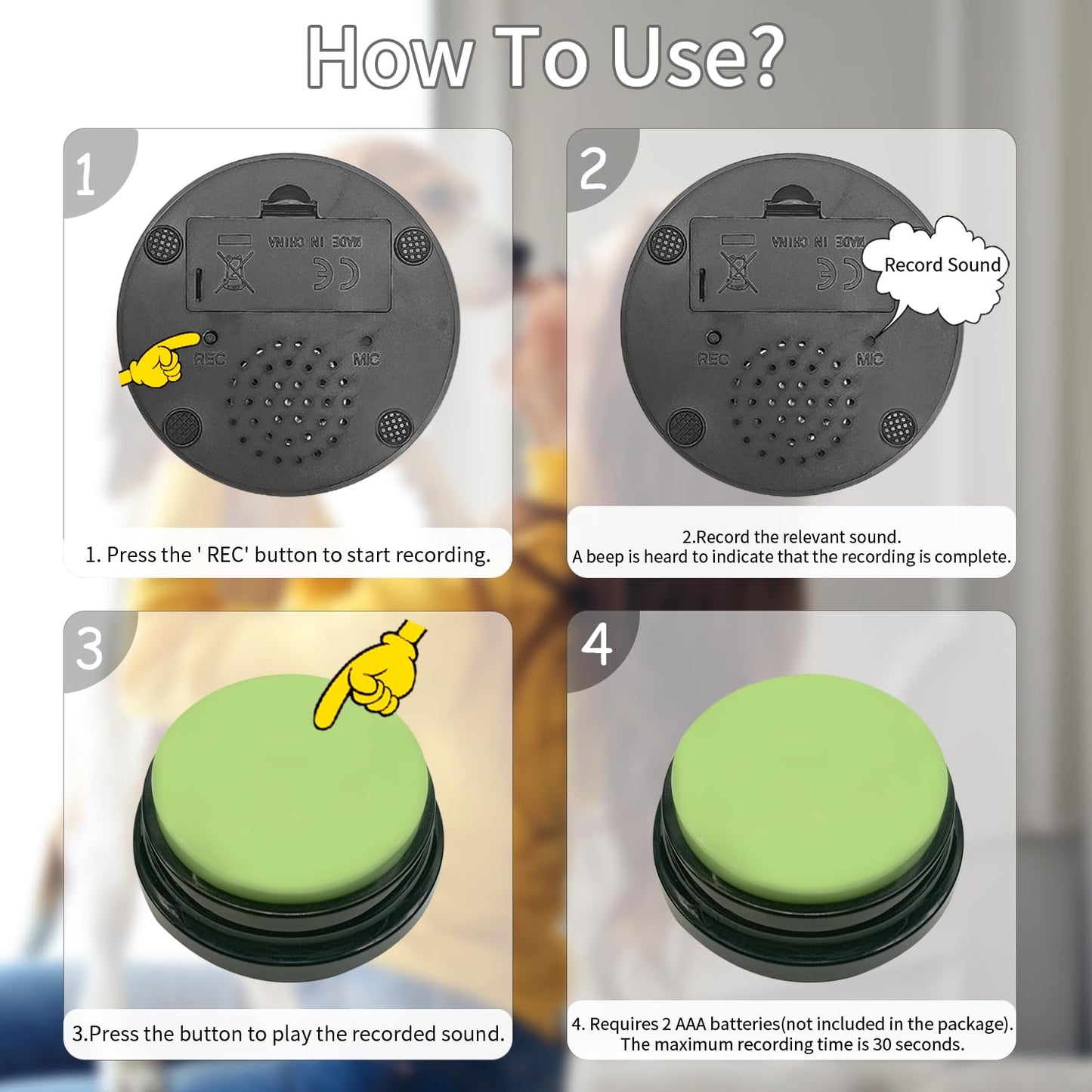 Set of 10 Dog Buttons for Communication, Dog Training Talking Buttons Starter Set, Recordable Buttons for Classroom 30-Second HD Recording, 100 Stickers