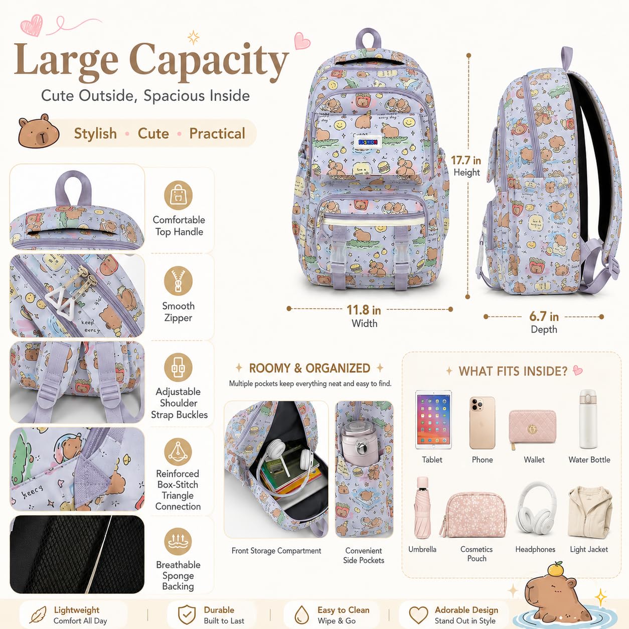 Capybara Backpack with Multi-Pocket Organizer, Water-Resistant Nylon Fashion Aesthetic Daypack, Large Capacity Bag for Capybara Lovers - 17" Height(Purple)