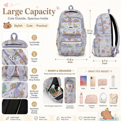 Capybara Backpack with Multi-Pocket Organizer, Water-Resistant Nylon Fashion Aesthetic Daypack, Large Capacity Bag for Capybara Lovers - 17" Height(Purple)