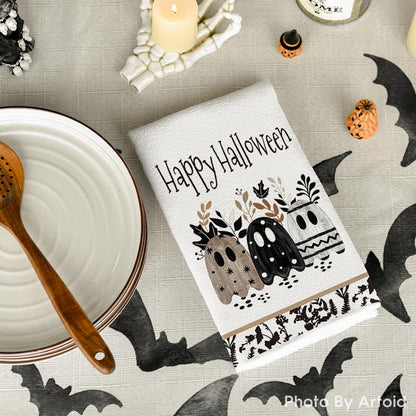 Artoid Mode Polka Dot Black Ghost Pumpkin Halloween Kitchen Towels Dish Towels, 18x26 Inch Farmhouse Flower Decoration Hand Towels Set of 4