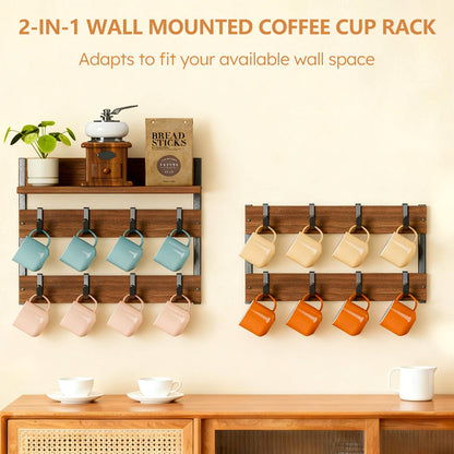 Dhmkfly 2-in-1 Coffee Cup Holder Wall Mounted, 4-Tier Coffee Mug Holder Wall Mount with 16 Adjustable Hooks and Display Shelf, Wooden Mug Rack Hanger Organizer for Home Kitchen Display and Collection