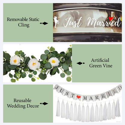 4PCS Just Married Wedding Car Decorations Kit with Greenery Vine Removable Banner Paper Tassel Static Cling Window Sticker for Bride and Groom Honeymoon Getaway Send Off Vehicle Decor