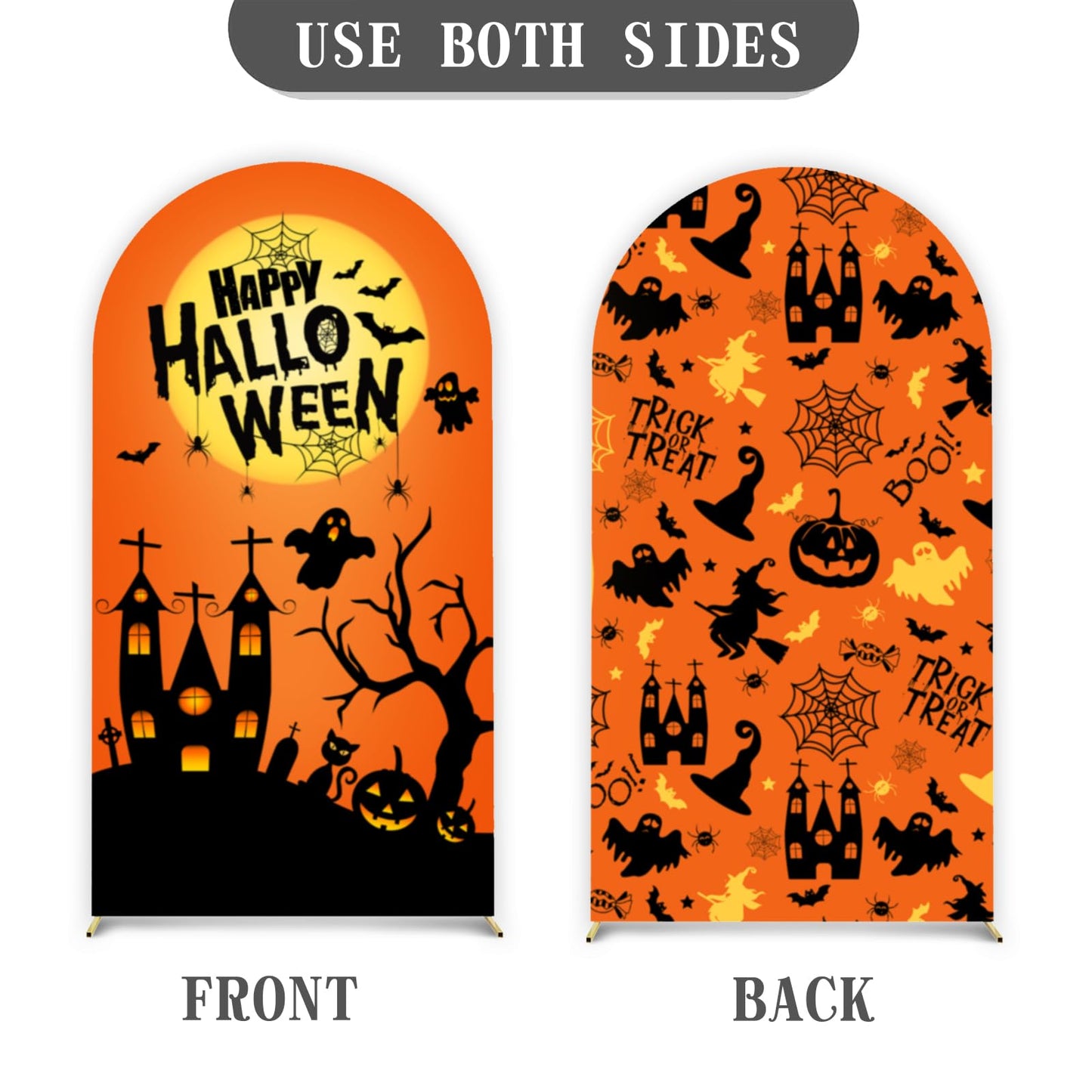 Happy Halloween Arch Backdrop Stand Cover 6ft Skeleton, Ghost Pumpkin Bat, Party, Spandex Arch Cover Horror Style Backdrop Fabric 2-Sided with Fall Pumpkin Spooky Witch Round Top for Halloween Party