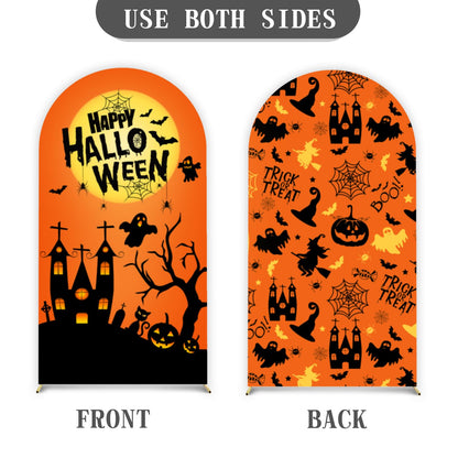 Happy Halloween Arch Backdrop Stand Cover 6ft Skeleton, Ghost Pumpkin Bat, Party, Spandex Arch Cover Horror Style Backdrop Fabric 2-Sided with Fall Pumpkin Spooky Witch Round Top for Halloween Party