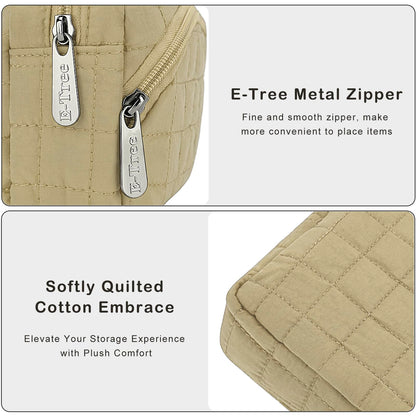 E-Tree Makeup Bag, Quilted Cosmetic Bag for Women, Puffer Make up Pouch for Purse,Travel Toiletry Organizer Case (Khaki)