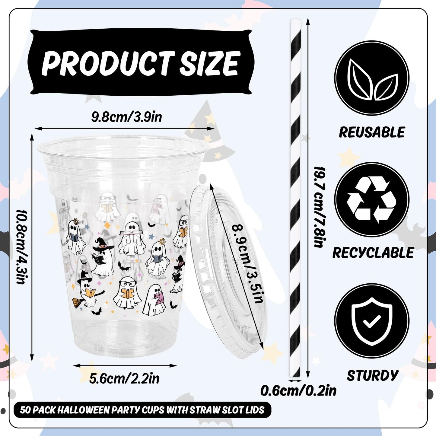 Whaline 50 Pcs Halloween Disposable Plastic Cups with Lids and Straws Spooky Reading Book Ghost Theme Cold Beverage Drinking Cups for Trick or Treat Birthday Party Supplies
