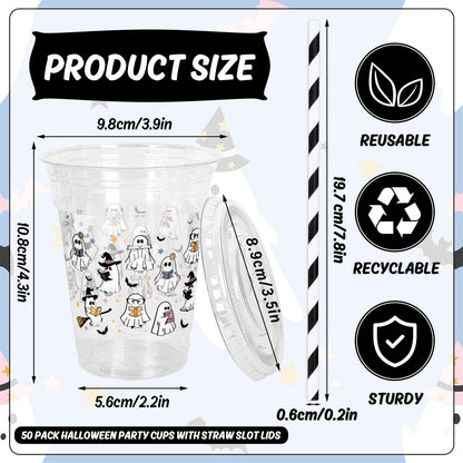 Whaline 50 Pcs Halloween Disposable Plastic Cups with Lids and Straws Spooky Reading Book Ghost Theme Cold Beverage Drinking Cups for Trick or Treat Birthday Party Supplies