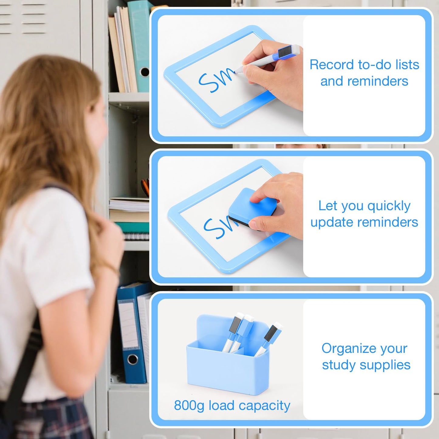 MoKo Locker Accessories Set, 15PCS Back to School Supplies Includes Magnetic Mirror, Whiteboard, Markers, Pen Holder, Magnets, Locker Organizer for School Office (Blue)