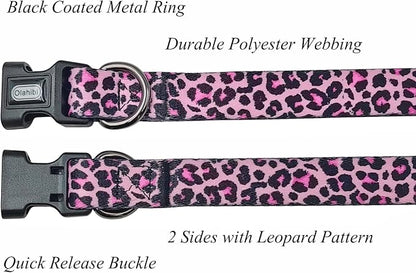 Dog Collar Leash Set, Leopard Pattern, Polyester Material, Adjustable Collar and 5ft Matching Leash, for Large Dogs.(L, Colorful Leopard)
