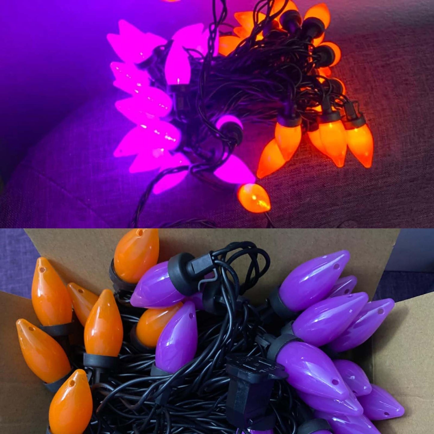 Romasaty Purple and Orange Halloween Lights, 26FT 50 Count Halloween C7 LED String Lights for Indoor/Outdoor Use, Purple Orange Lights for Patio Home Party Garden Yard-Black Wire