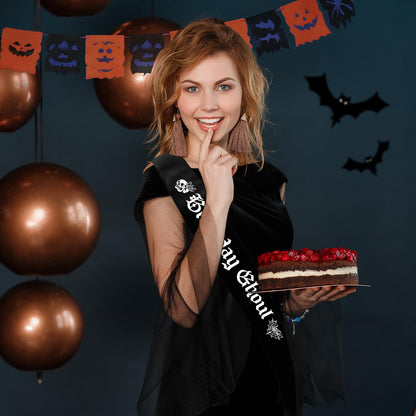Black Birthday Ghoul Sash with White Glitter Printing Letters - Halloween Birthday Decorations，Glitter Cloth Goth Sash, Halloween Bhday Decorations