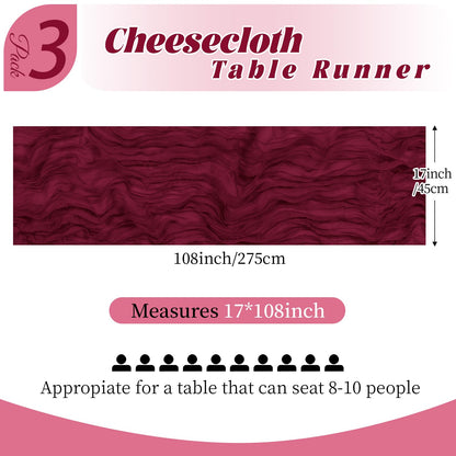 Yorcari 3 Pack Burgundy Cheesecloth Table Runner, 17 x 108 Inch, Gauze Cheese Cloth Table Runner Rustic Sheer Runner for Wedding Birthday Party Baby Shower Table Decor(Burgundy)
