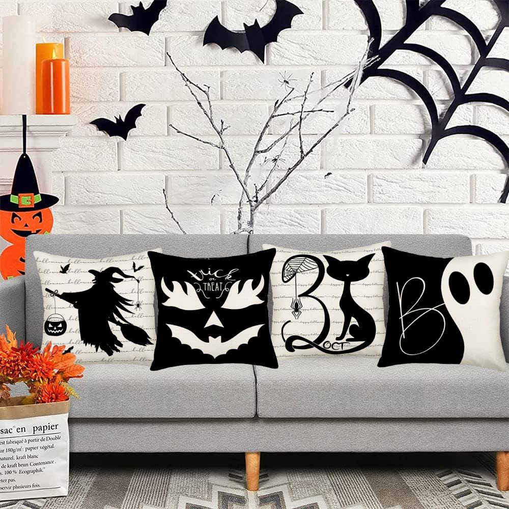 Easternproject Halloween Boo Throw Pillow Covers Set of 4 20x20 Inch October 31 Cat Trick or Treat Evil Pumpkin Ghost Witch Halloween Fall Farmhouse Decorations Pillows Cushion Cases Black White