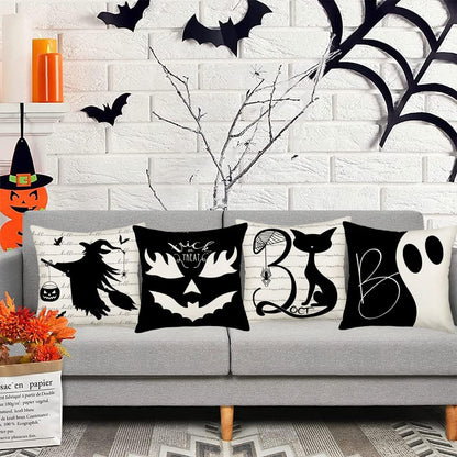 Easternproject Halloween Boo Throw Pillow Covers Set of 4 20x20 Inch October 31 Cat Trick or Treat Evil Pumpkin Ghost Witch Halloween Fall Farmhouse Decorations Pillows Cushion Cases Black White