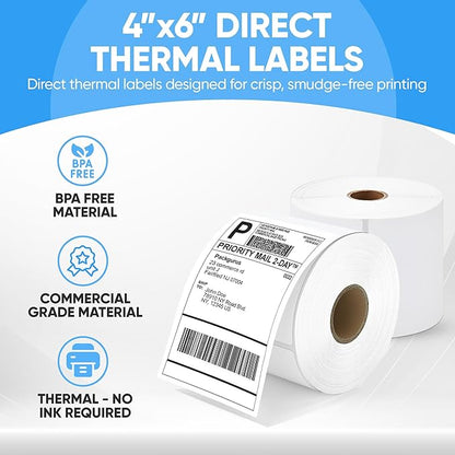 PackGurus 4"x6" Direct Thermal Label Roll, Shipping Labels with Perforated, Commercial Grade for Thermal Printer, 500 Labels/Roll, 4 Rolls (2,000 Labels Total)