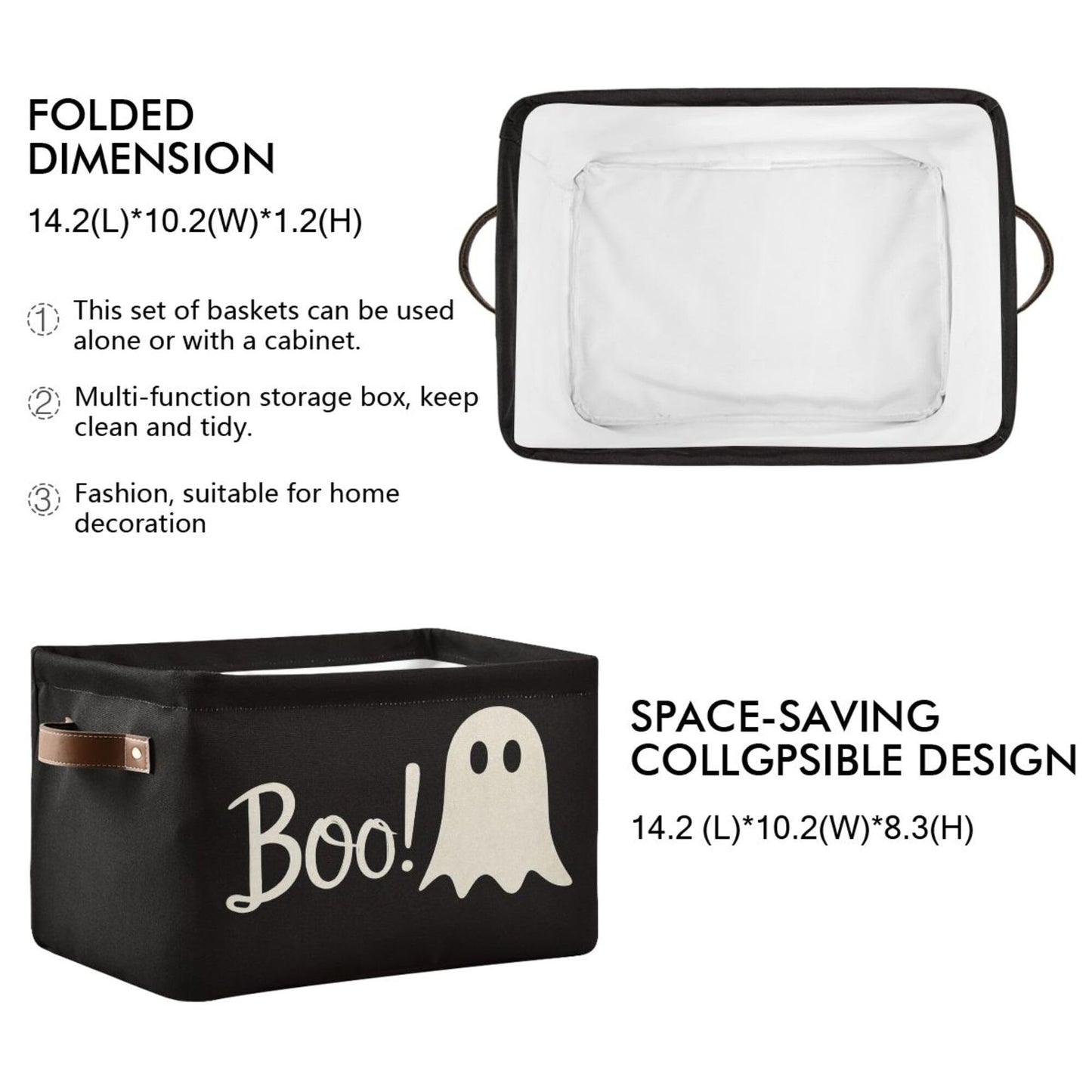Wamika Halloween Ghost Boo Storage Basket with Waterproof Liner and PU Handles Spooky Bat Skull Storage Bins Boxes 14.2" Collapsible Decorative Organizer Baskets for Bedroom Closet Office 1 Pack